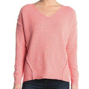 Woven Heart V-Neck Knit Sweater Medium M Coral (Pink) Long Sleeves